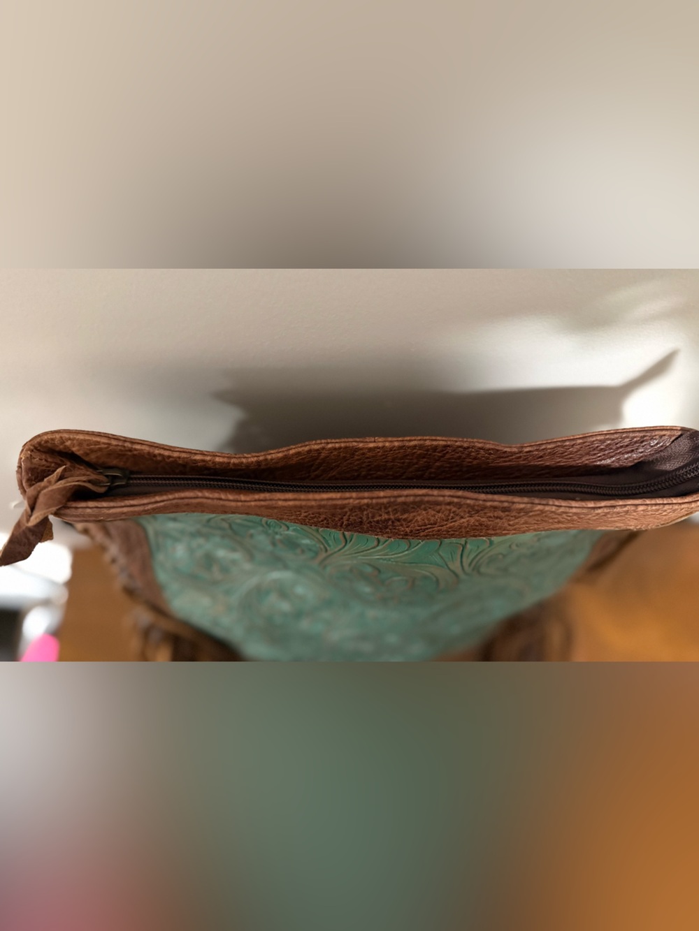 American Darling Turquoise Tooled Leather Fringe Crossbody with Brown Accents - Picture 9 of 15